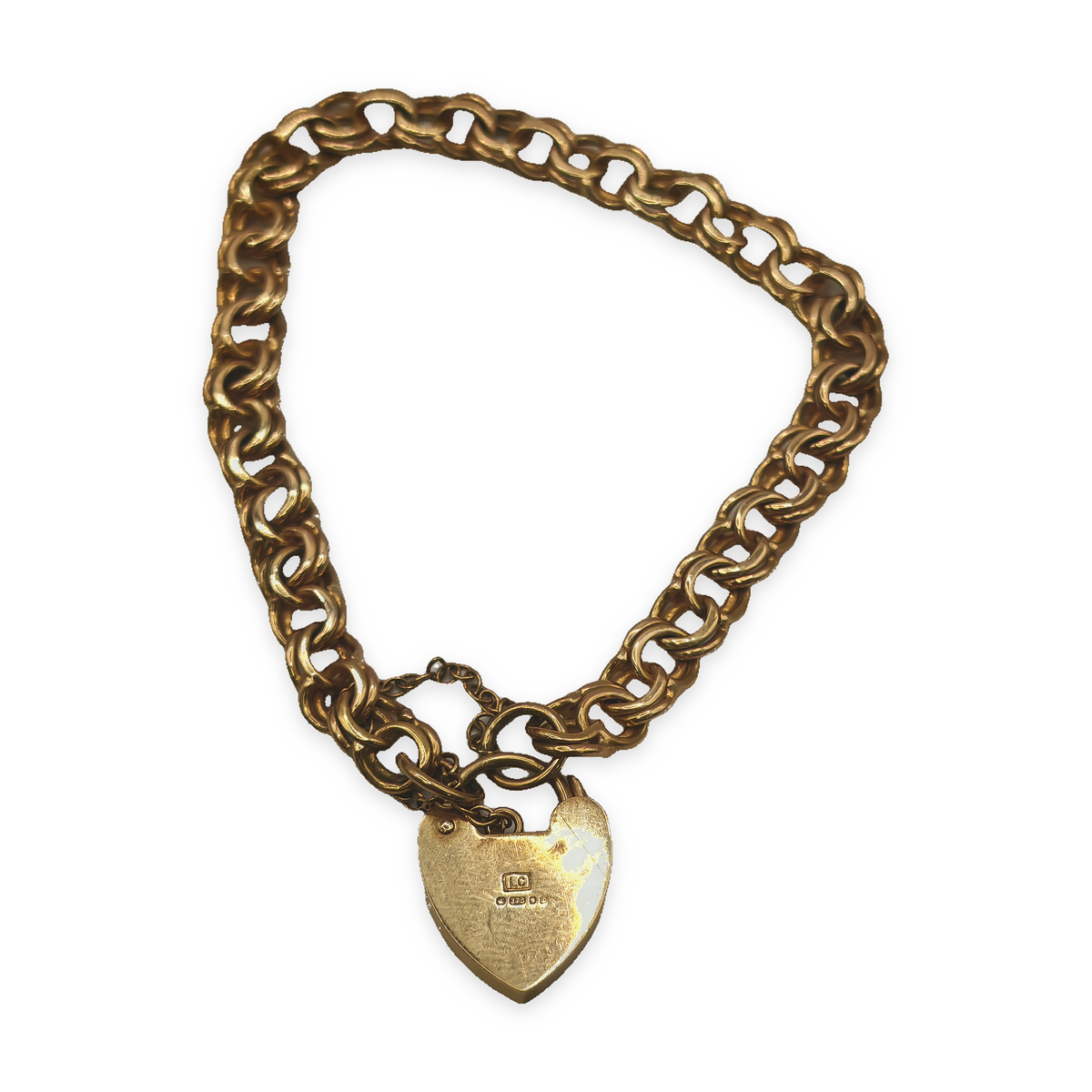9ct Yellow Gold Double Belcher Bracelet with Heart Padlock, photograph 7 of 9. SKU JB3626.