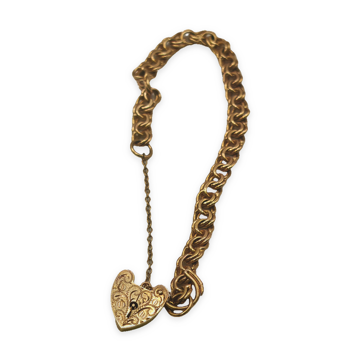 9ct Yellow Gold Double Belcher Bracelet with Heart Padlock, photograph 8 of 9. SKU JB3626.