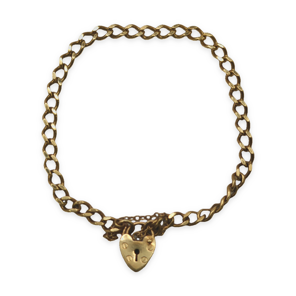 9ct Yellow Gold Curb Link Bracelet with Heart Padlock Clasp, photograph 4 of 8. SKU JB3627.