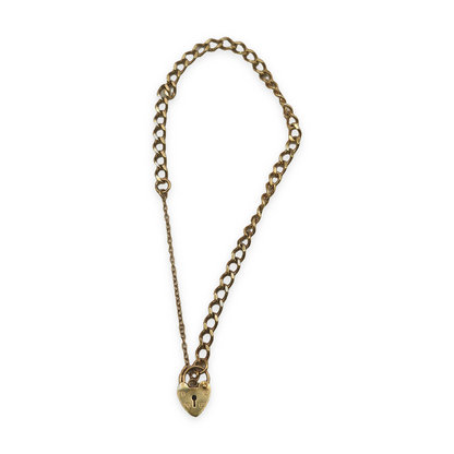 9ct Yellow Gold Curb Link Bracelet with Heart Padlock Clasp, photograph 7 of 8. SKU JB3627.