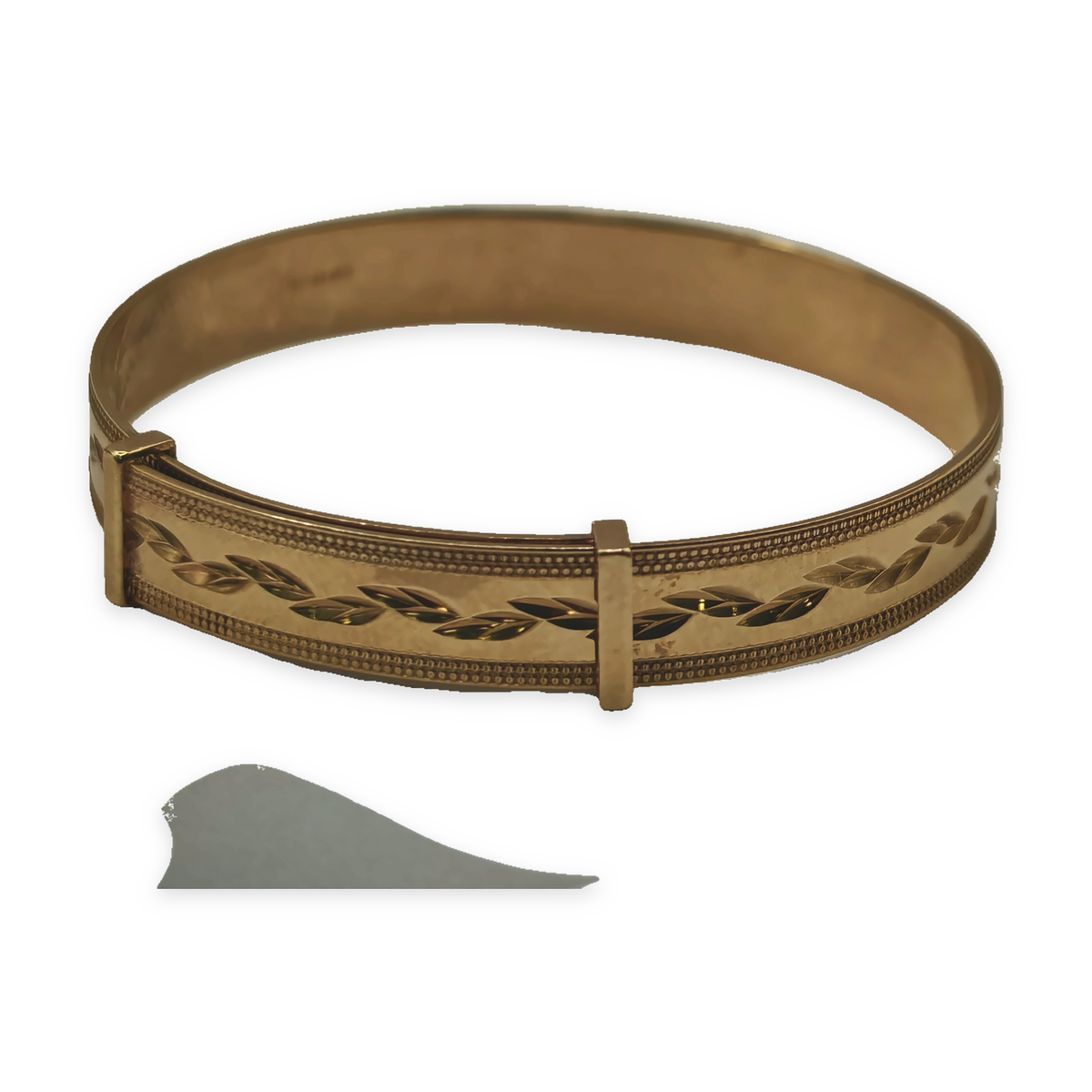 9ct Yellow Gold Engraved Leaf Design Hinged Bangle, photograph 4 of 7. SKU JB3628.