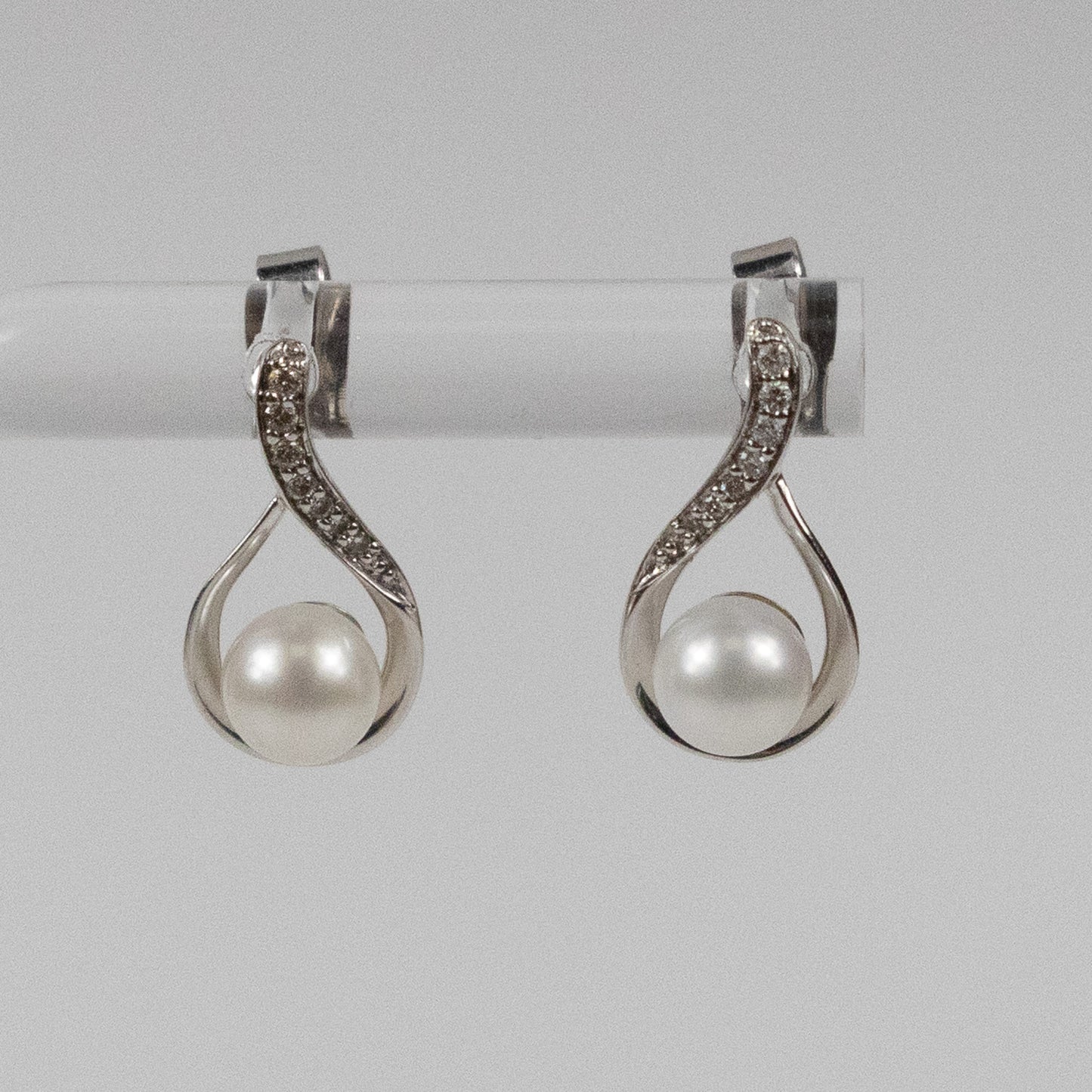 9ct White Gold Pearl and Cubic Zirconia Swirl Stud Earrings