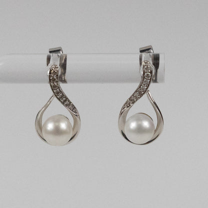 9ct White Gold Pearl and Cubic Zirconia Swirl Stud Earrings