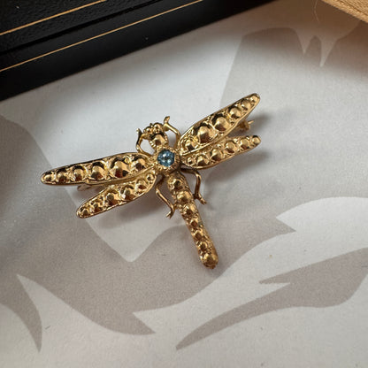 9ct Gold Aquamarine Dragonfly Brooch