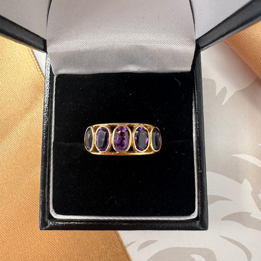 9ct Gold Amethyst Five Stone Rubover Ring