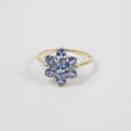 Second-Hand 9ct Yellow Gold Blue Topaz Cluster Flower Ring