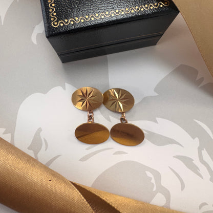 9ct Gold Vintage Starburst Engraved Oval Cufflinks