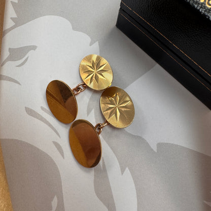 9ct Gold Vintage Starburst Engraved Oval Cufflinks