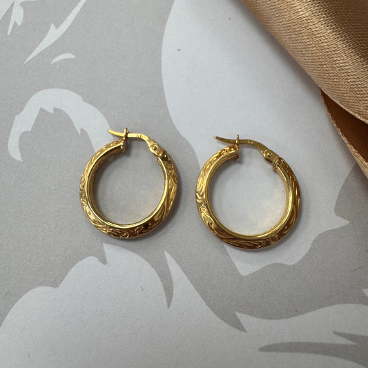 9ct Gold Knife Edge Engraved Pattern Hoop Earrings
