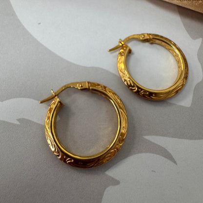 9ct Gold Knife Edge Engraved Pattern Hoop Earrings
