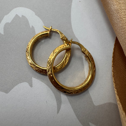 9ct Gold Knife Edge Engraved Pattern Hoop Earrings