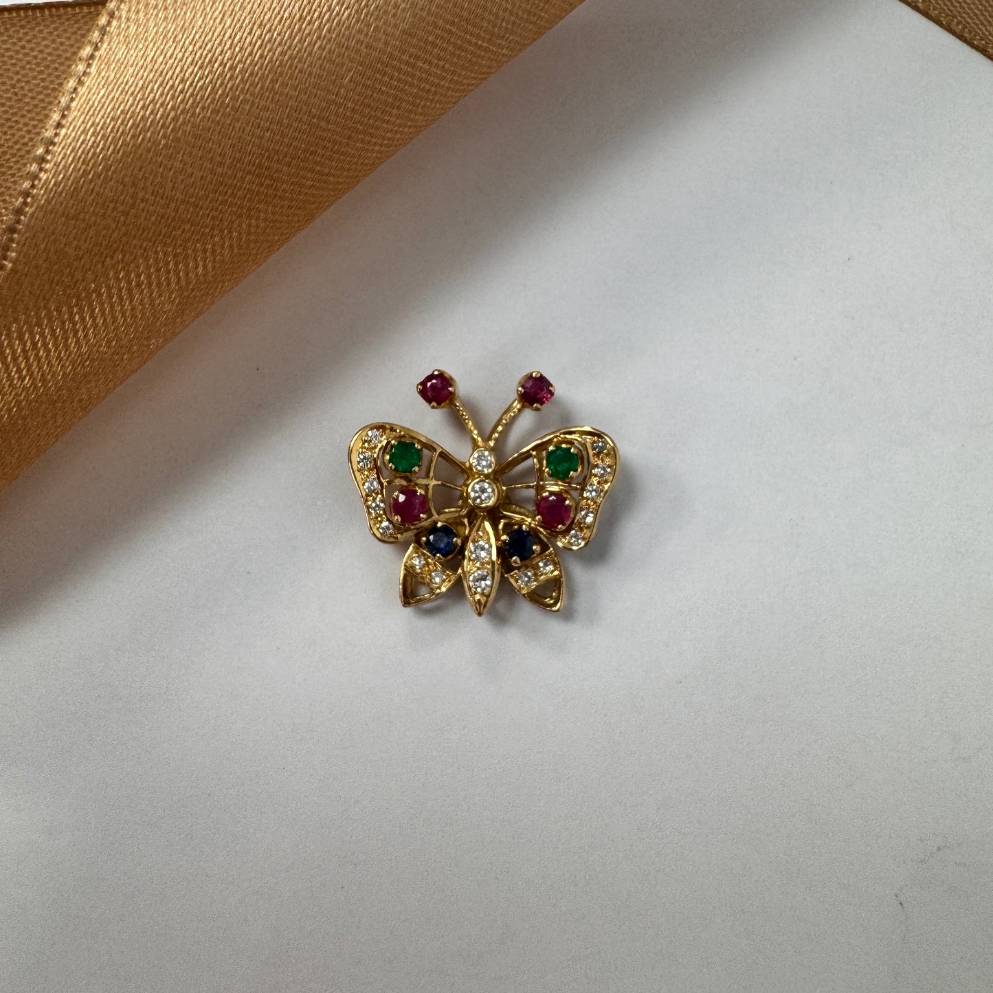 18ct Gold Diamond Ruby Emerald & Sapphire Butterfly Pendant