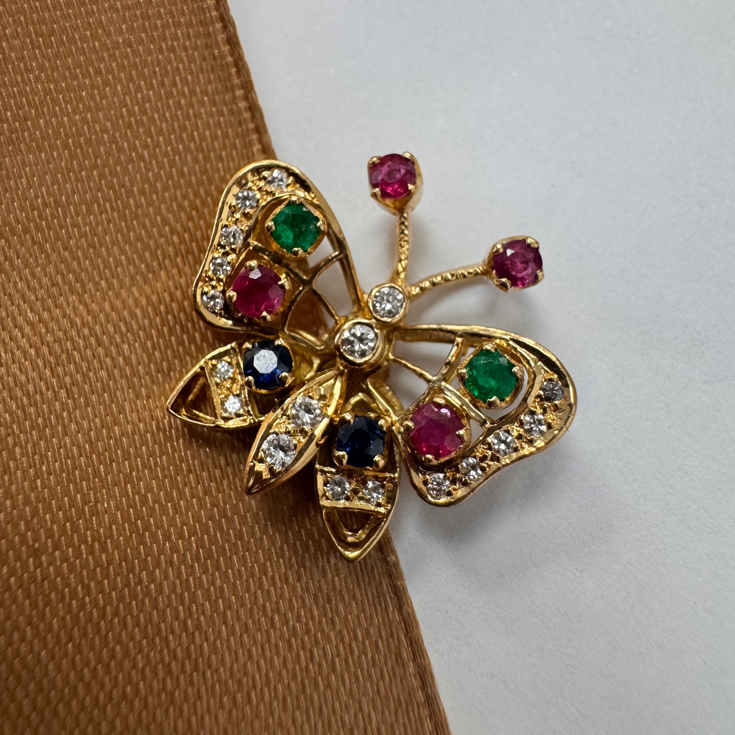 18ct Gold Diamond Ruby Emerald & Sapphire Butterfly Pendant
