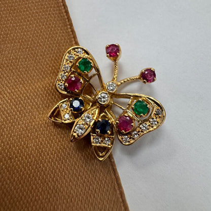 18ct Gold Diamond Ruby Emerald & Sapphire Butterfly Pendant