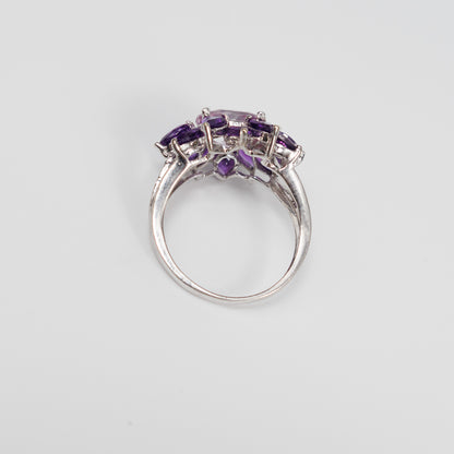 Second-Hand 9ct White Gold Pink Gemstone and Amethyst Cluster Ring