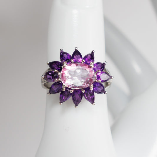 Second-Hand 9ct White Gold Pink Gemstone and Amethyst Cluster Ring