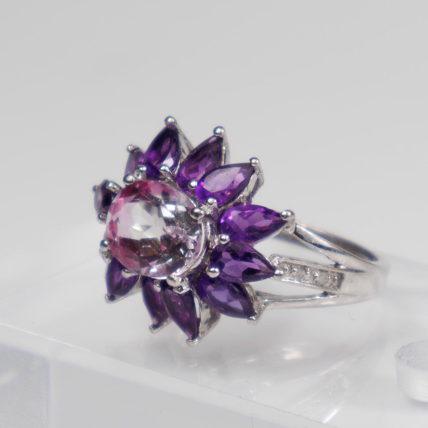 Second-Hand 9ct White Gold Pink Gemstone and Amethyst Cluster Ring
