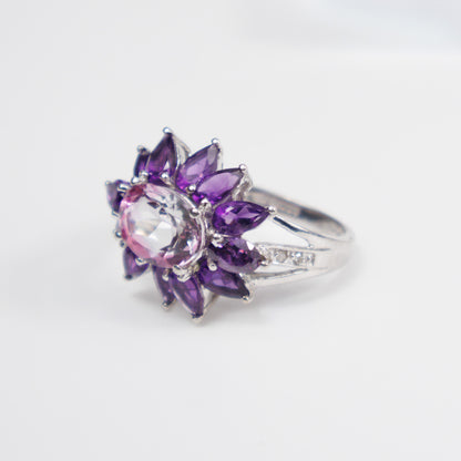 Second-Hand 9ct White Gold Pink Gemstone and Amethyst Cluster Ring