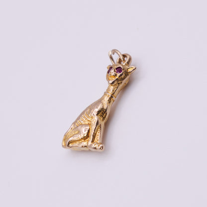 Second-Hand 9ct Yellow Gold Sphynx Cat Pendant with Red Stone Eyes