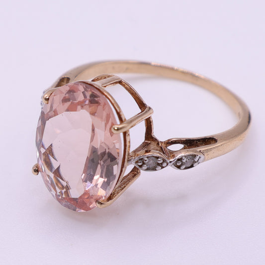 Second-Hand 9ct Gold Oval Pink Stone and Diamond Accent Ring