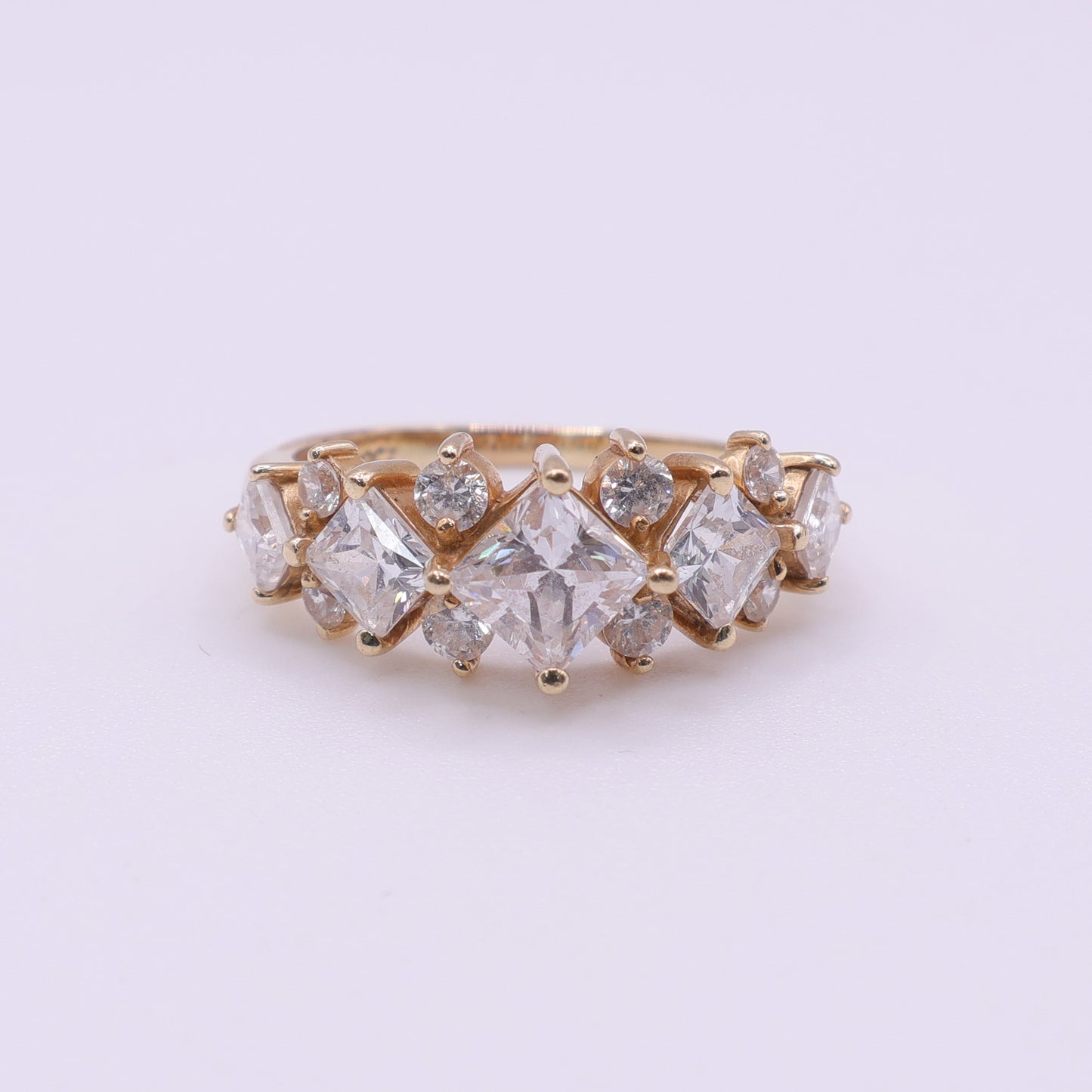 Second Hand 14ct Yellow Gold Ring with Princess and Round Cut Clear Cubic Zirconia Stones