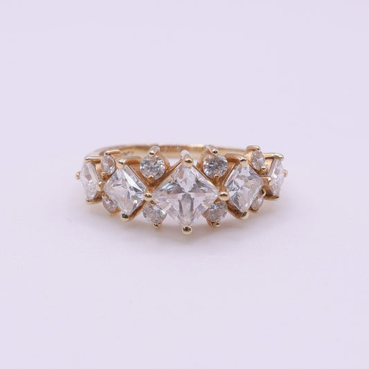 Second Hand 14ct Yellow Gold Ring with Princess and Round Cut Clear Cubic Zirconia Stones