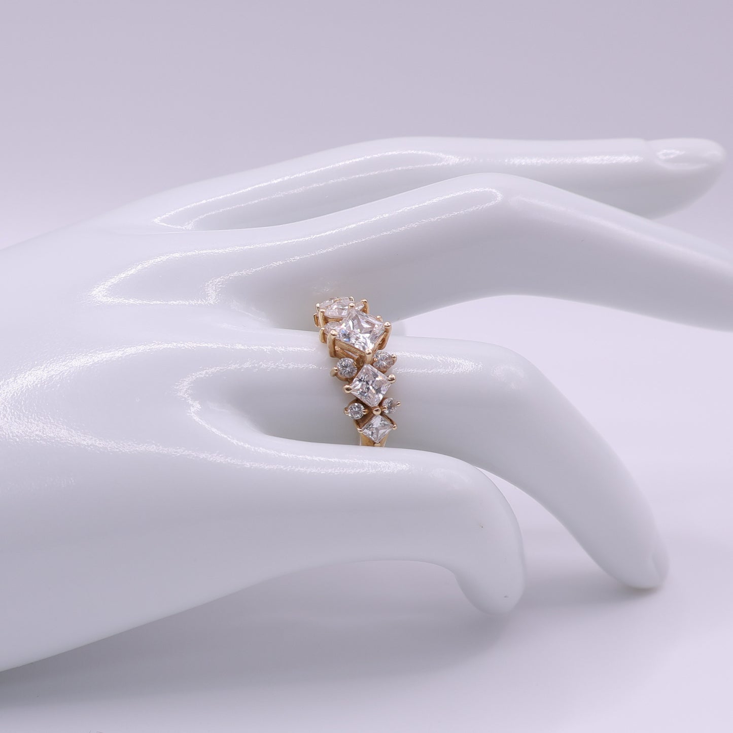 Second Hand 14ct Yellow Gold Ring with Princess and Round Cut Clear Cubic Zirconia Stones