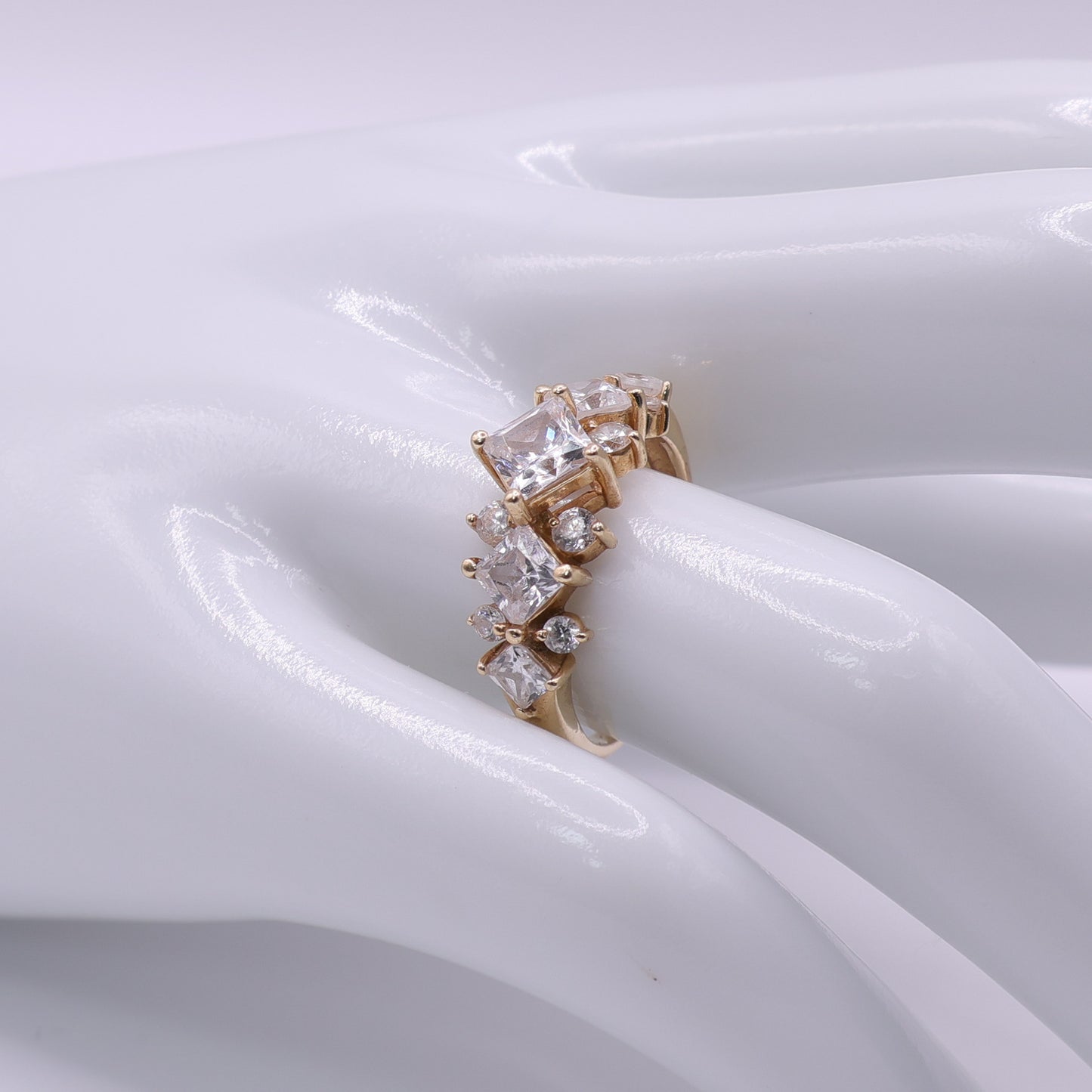 Second Hand 14ct Yellow Gold Ring with Princess and Round Cut Clear Cubic Zirconia Stones