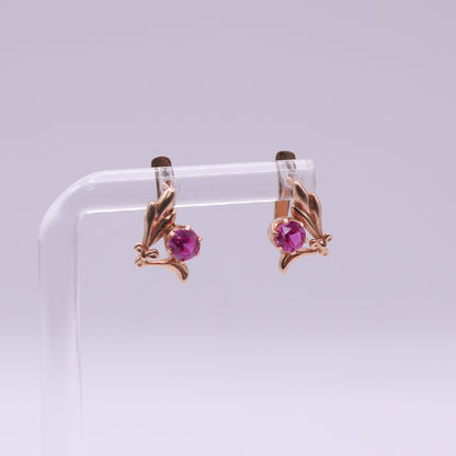 14ct Rose Gold Pink Sapphire Leaf Earrings