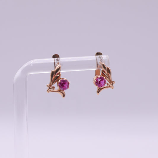 Second Hand 14ct Rose Gold Pink Stone Leaf Earrings