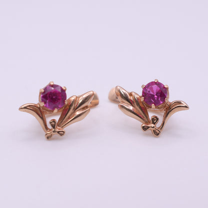 14ct Rose Gold Pink Sapphire Leaf Earrings