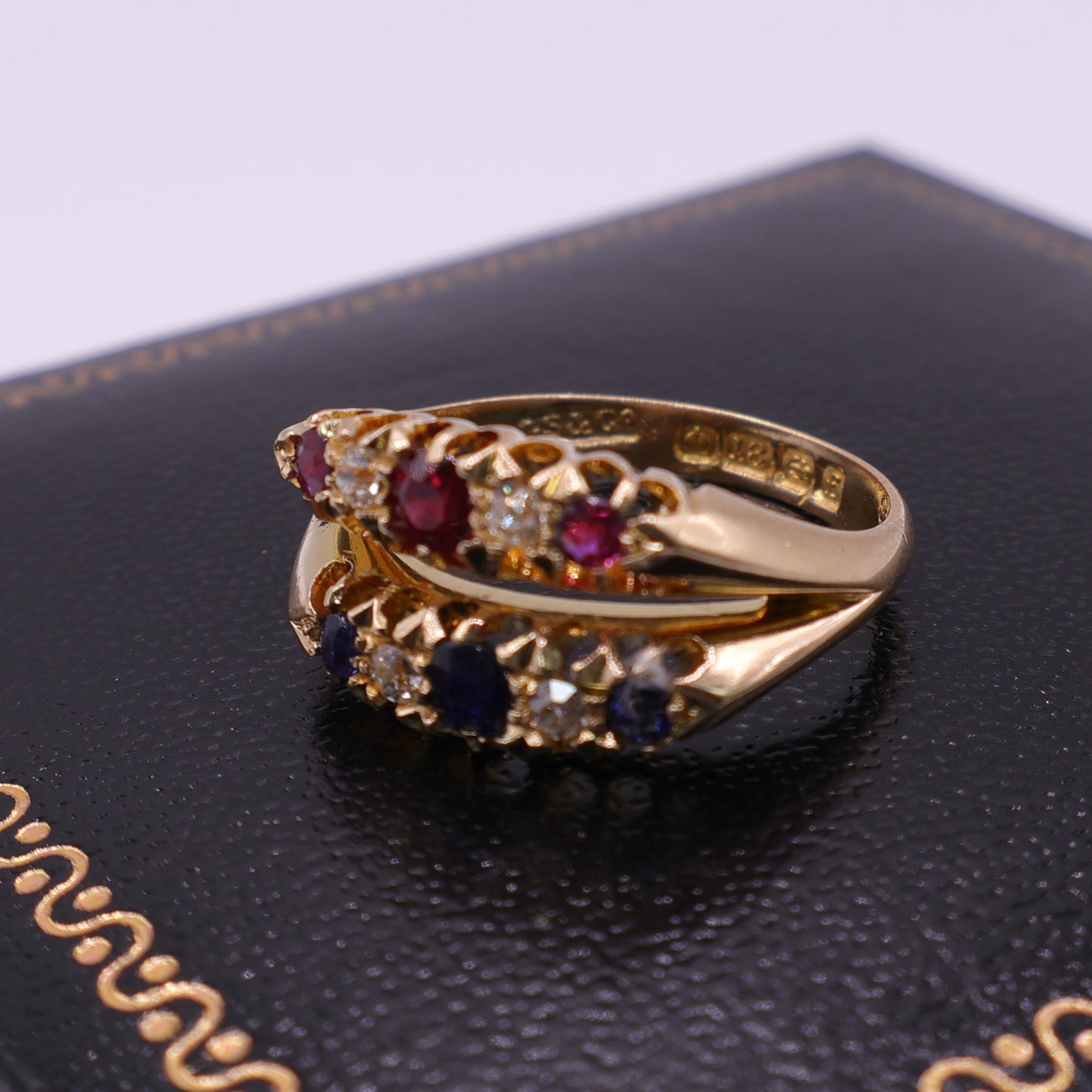Second Hand 18ct Yellow Gold Ruby, Sapphire and Diamond Crossover Ring