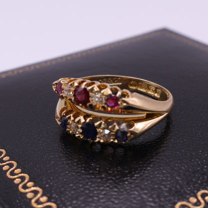 Second Hand 18ct Yellow Gold Ruby, Sapphire and Diamond Crossover Ring