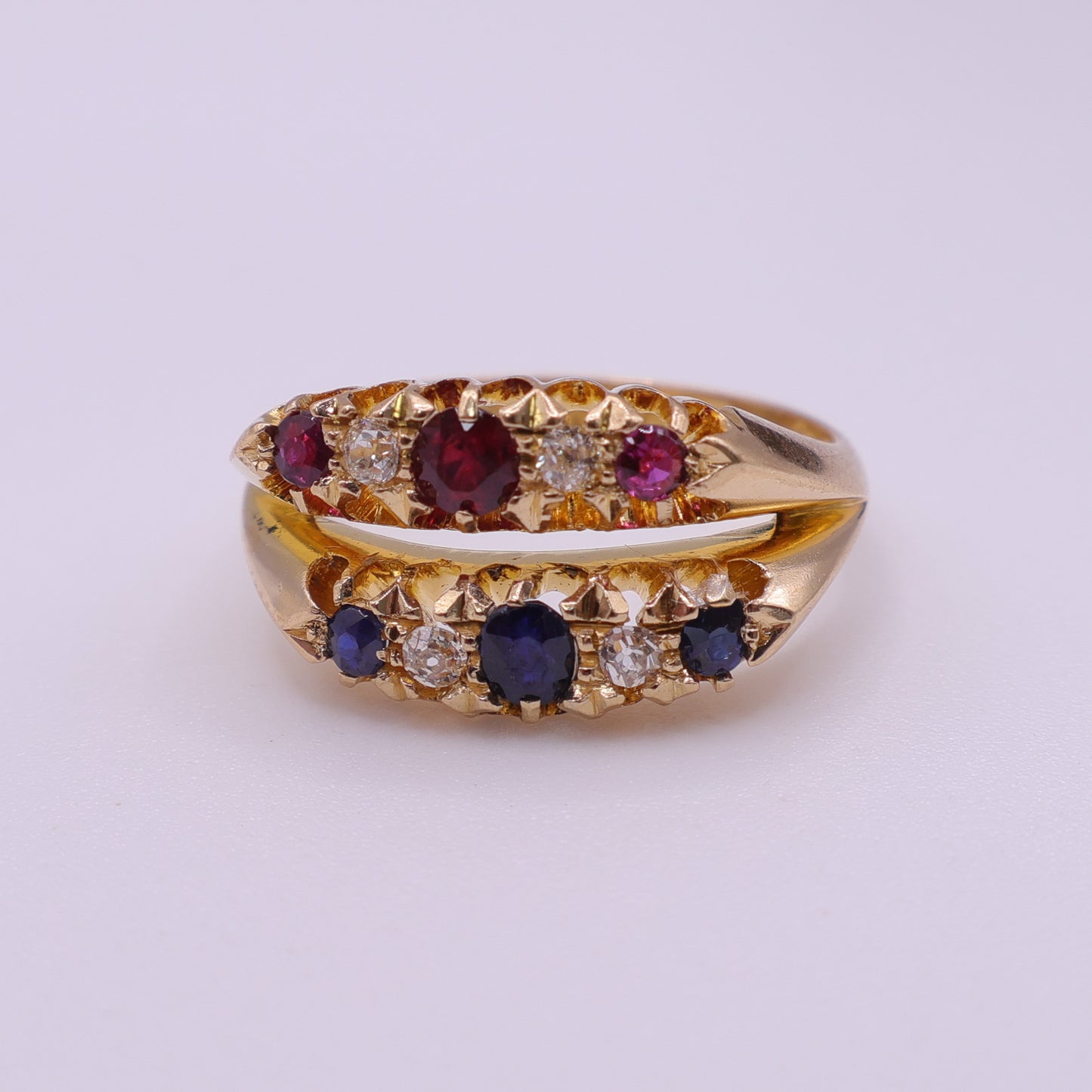Second Hand 18ct Yellow Gold Ruby, Sapphire and Diamond Crossover Ring