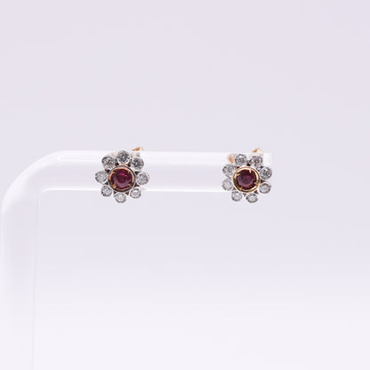Second Hand 18ct Yellow Gold Ruby and Diamond Cluster Stud Earrings