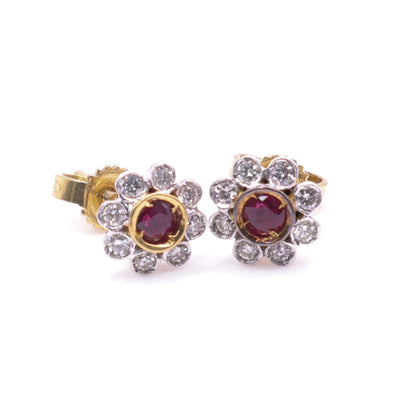 Second Hand 18ct Yellow Gold Ruby and Diamond Cluster Stud Earrings