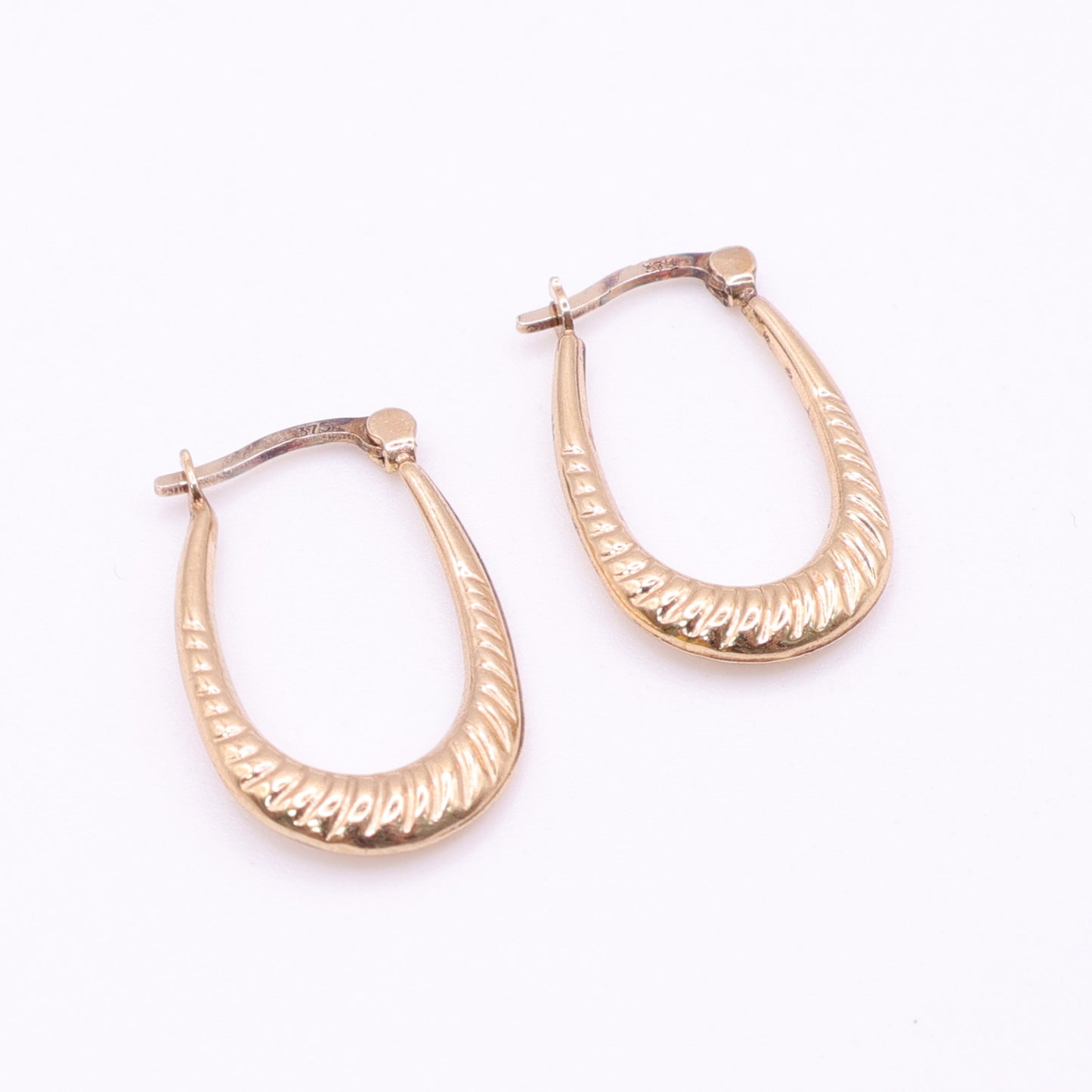 Second-Hand 9ct Gold Engraved Oval Hoop Earrings