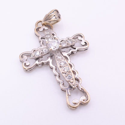 Second-Hand 9ct Gold Ornate Cross Pendant with Clear Stones