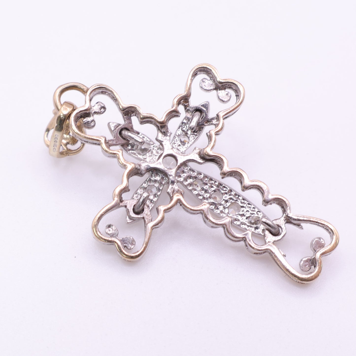 Second-Hand 9ct Gold Ornate Cross Pendant with Clear Stones