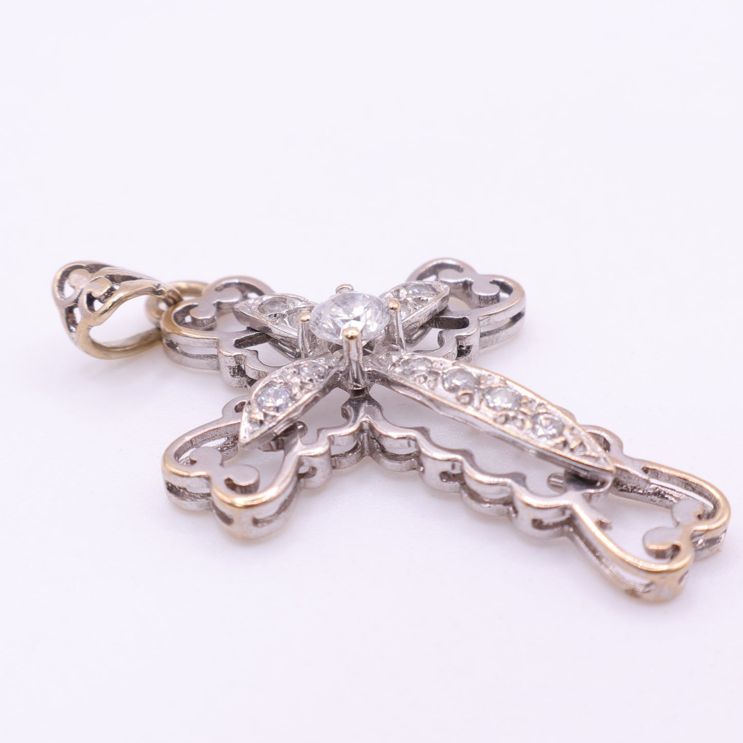 Second-Hand 9ct Gold Ornate Cross Pendant with Clear Stones