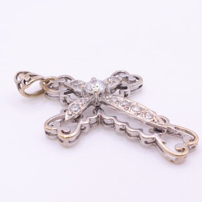 Second-Hand 9ct Gold Ornate Cross Pendant with Clear Stones