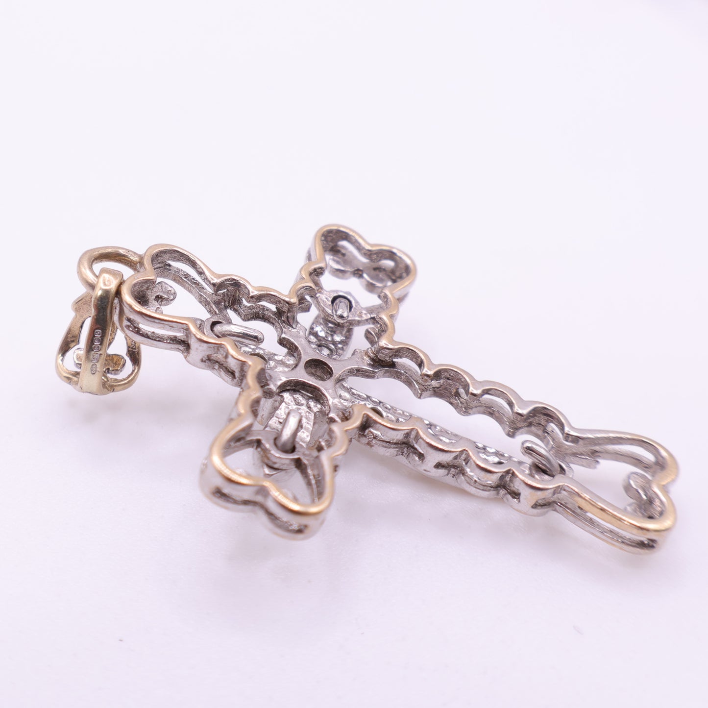 Second-Hand 9ct Gold Ornate Cross Pendant with Clear Stones