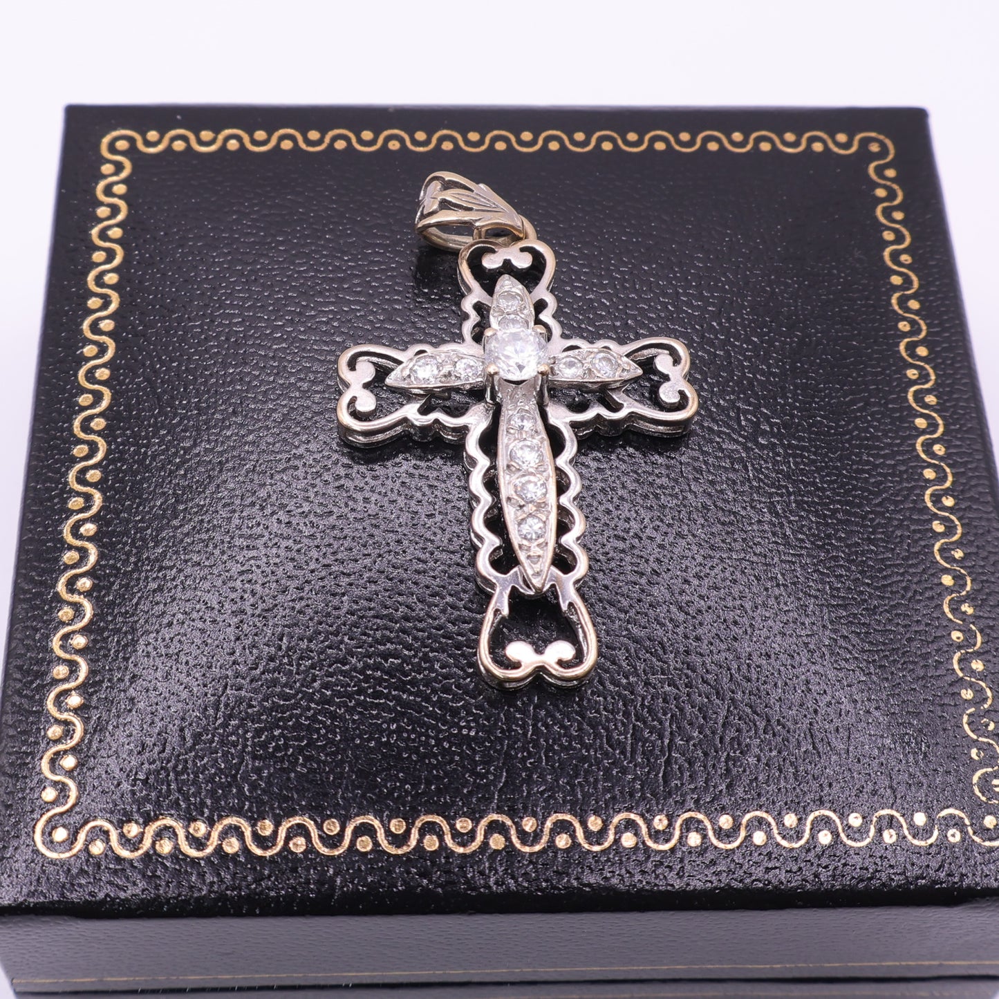 Second-Hand 9ct Gold Ornate Cross Pendant with Clear Stones