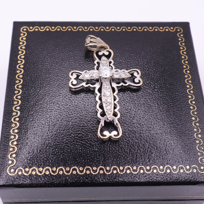 Second-Hand 9ct Gold Ornate Cross Pendant with Clear Stones