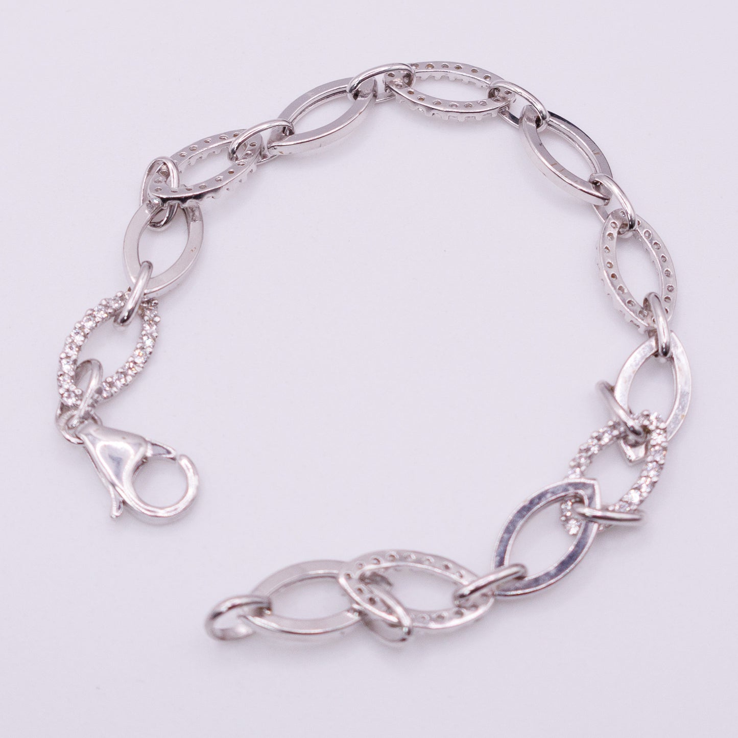 Second Hand 9ct White Gold Oval Link Bracelet with Pavé Set CZ Accents