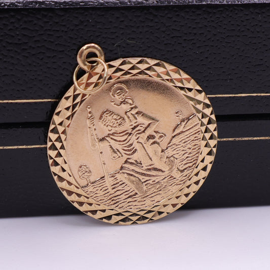 Second-Hand 9ct Yellow Gold Saint Christopher Pendant with Diamond Cut Border
