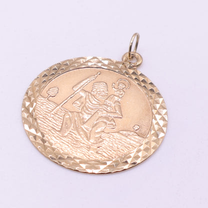 Second-Hand 9ct Yellow Gold Saint Christopher Pendant with Diamond Cut Border