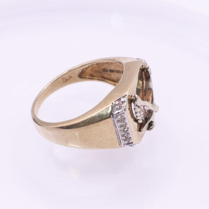 Second Hand 9ct Yellow Gold Eagle Signet Ring with Diamond Shoulders