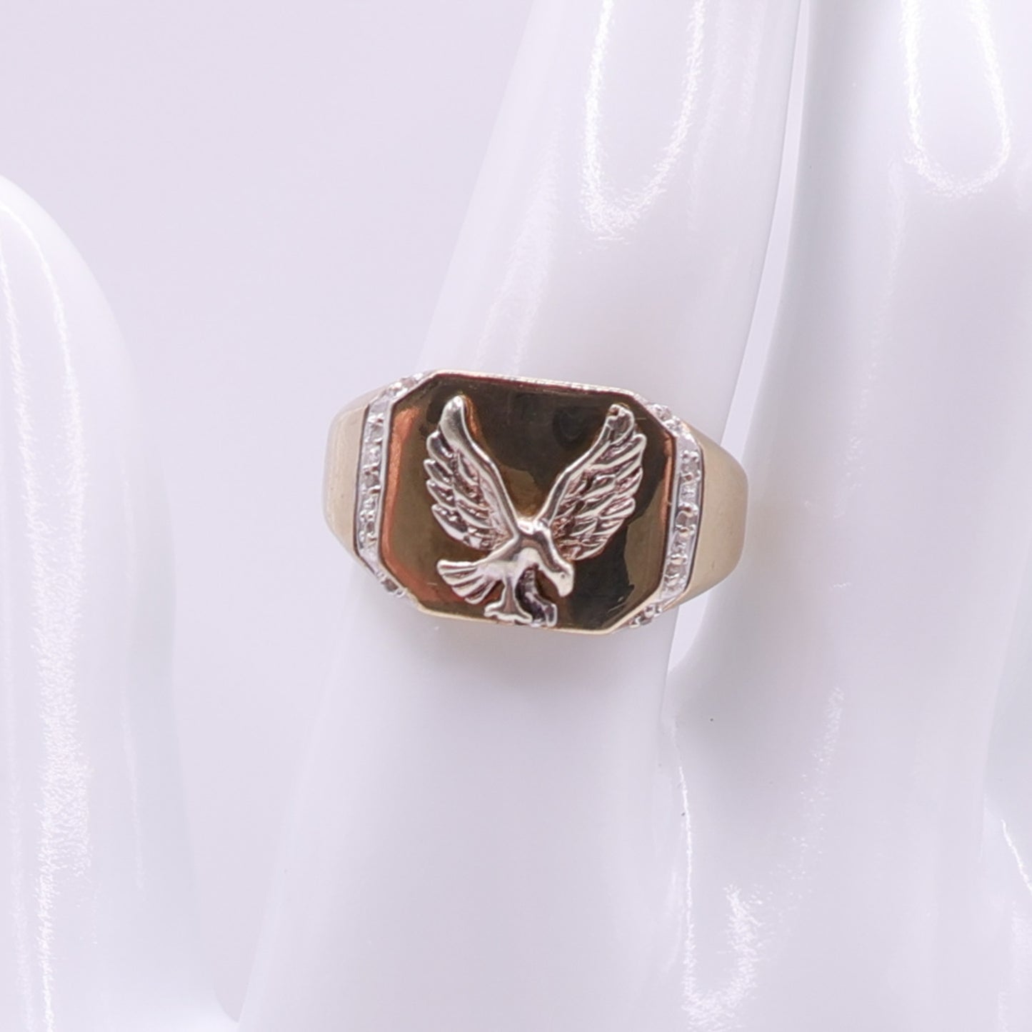 Second Hand 9ct Yellow Gold Eagle Signet Ring with Diamond Shoulders