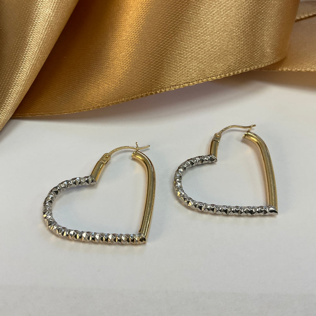 9ct Yellow & White Gold Heart Hoop Earrings